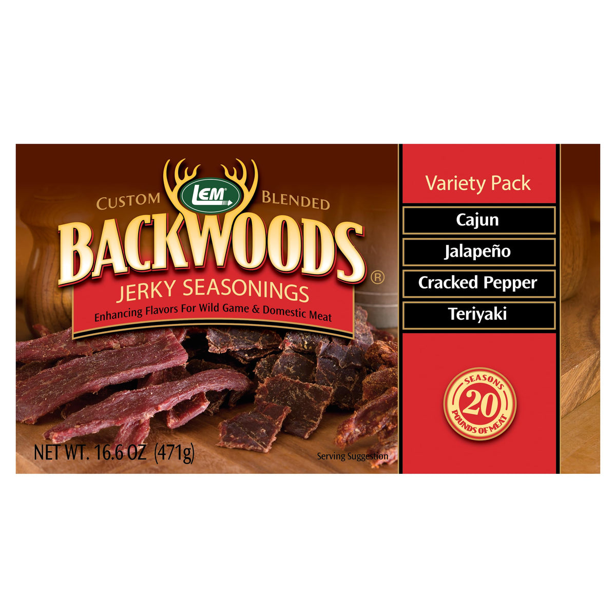 LEM Backwoods Cajun seasoning pour highlights bold spice for marinating meat.