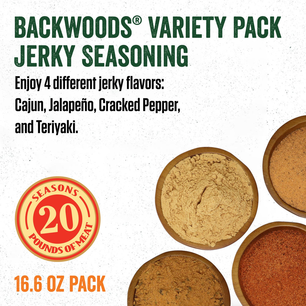 LEM Backwoods Cracked Pepper shaker shows peppery bite for jerky curing.