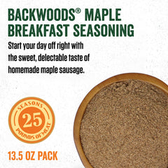 Ground meat mixed with maple seasoning forming tacky sausage mix ready to stuff.