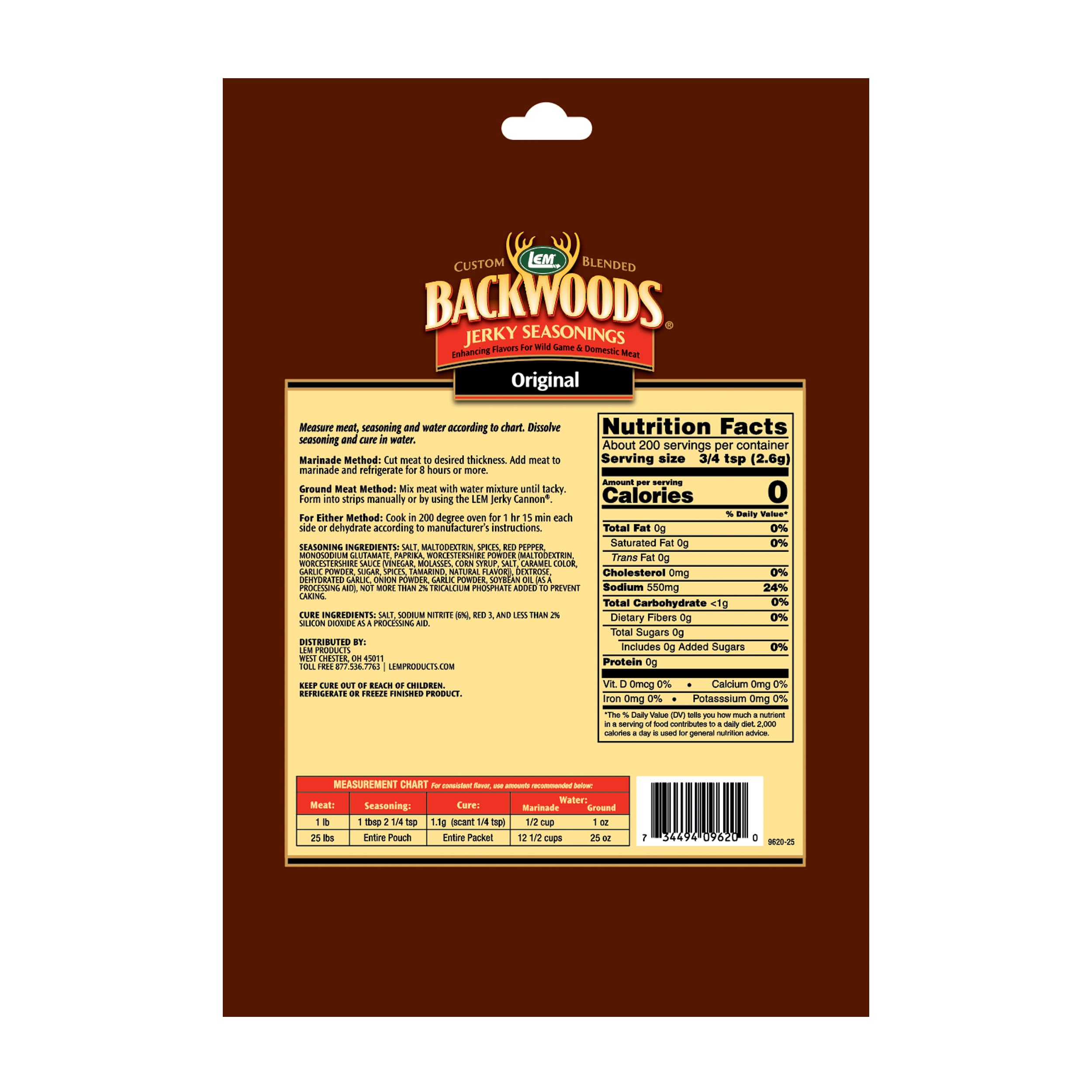 LEM Backwoods Original Jerky Seasoning label showing heritage blend for wild game