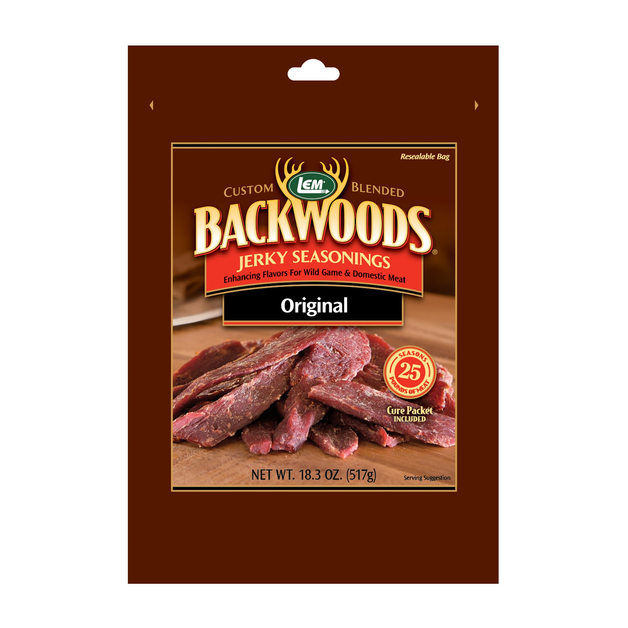 LEM Backwoods Original Jerky Seasoning pack ready for marinating strips with bold flavor