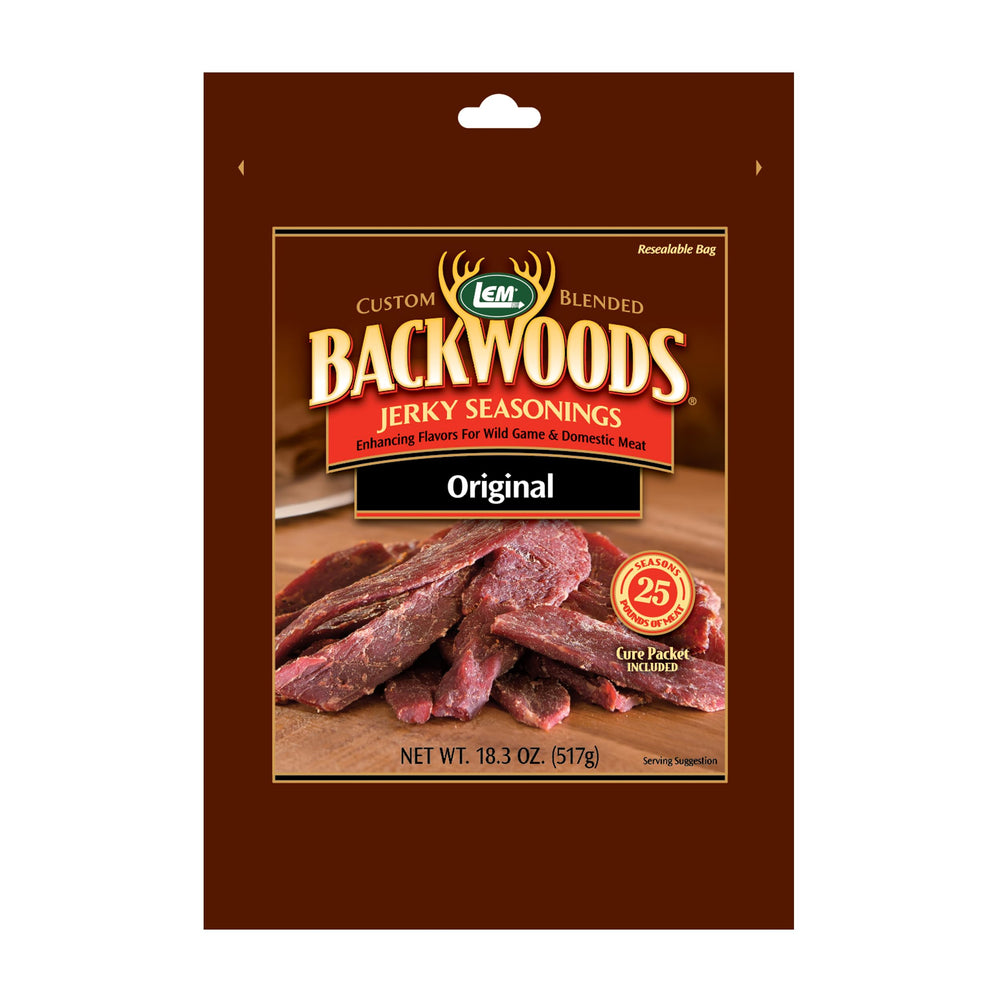 LEM Backwoods Original Jerky Seasoning pack ready for marinating strips with bold flavor