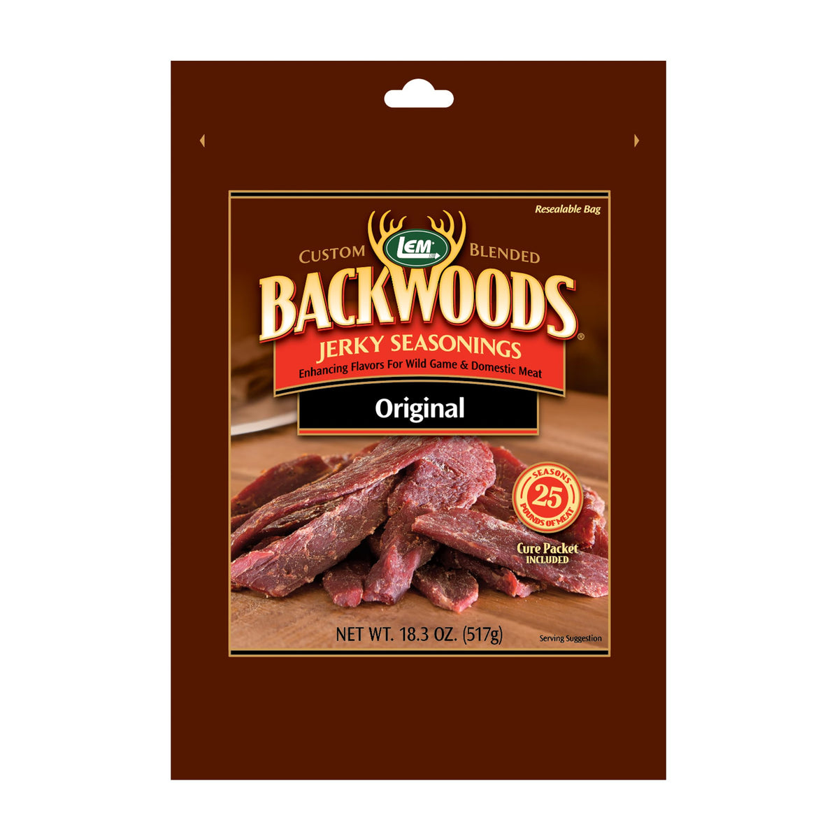 LEM Backwoods Original Jerky Seasoning pack ready for marinating strips with bold flavor