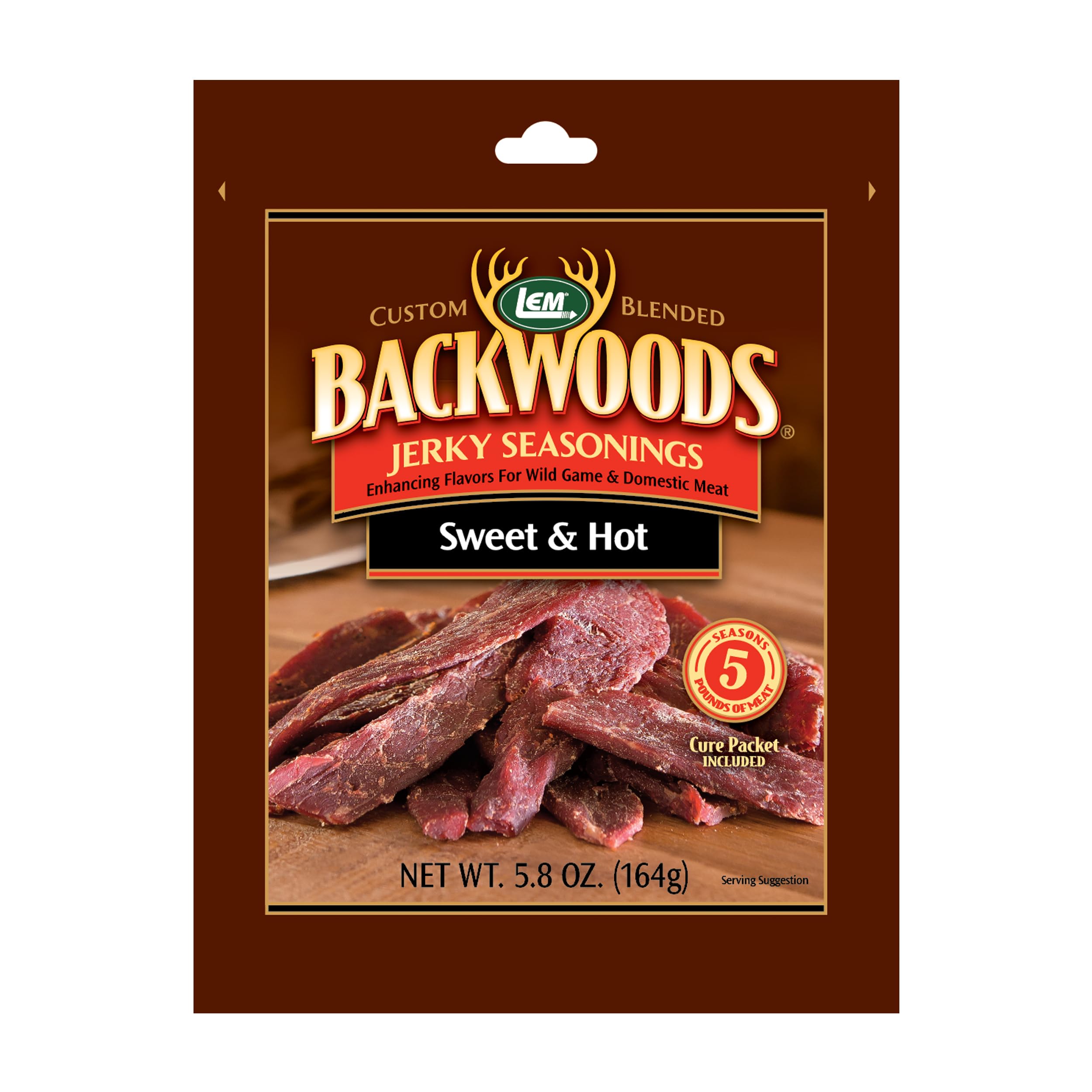 LEM Backwoods Sweet & Hot seasoning package with pre-measured cure for consistent jerky