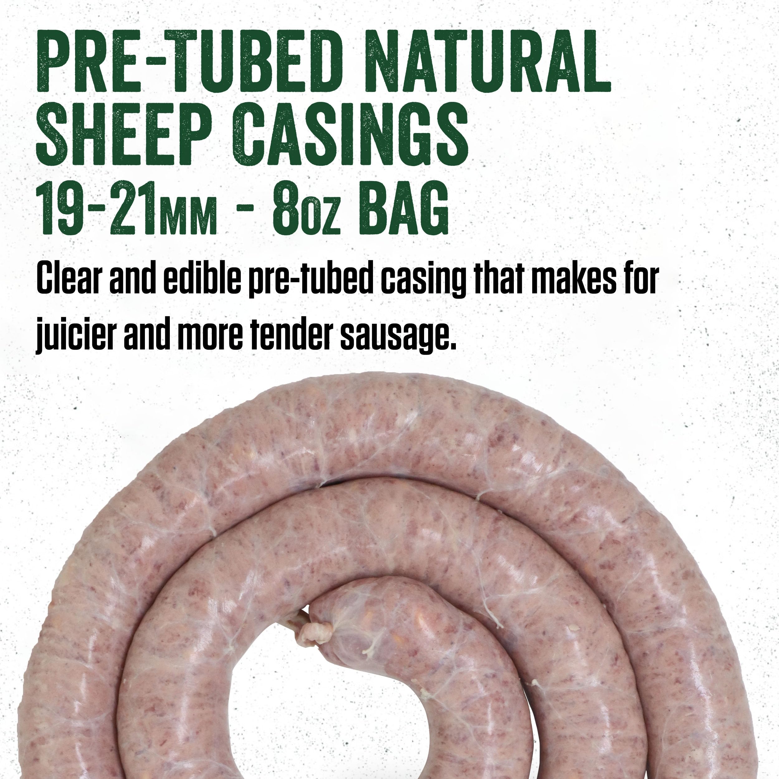 LEM natural sheep casings 19-21mm close-up shows uniform size and bite-friendly texture