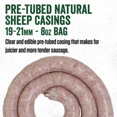 LEM natural sheep casings 19-21mm close-up shows uniform size and bite-friendly texture