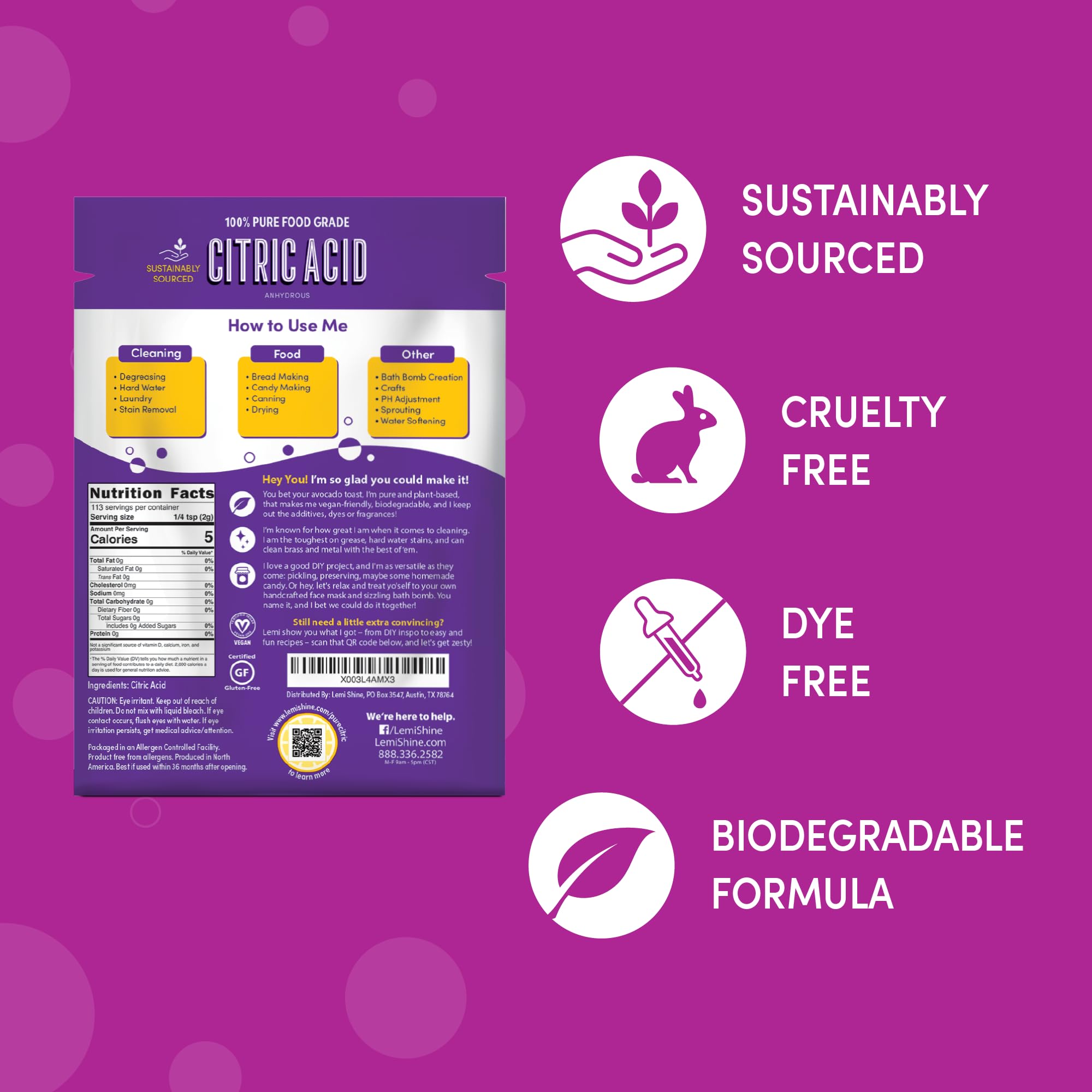 Lemi Shine citric acid powder made in North America, trusted quality.