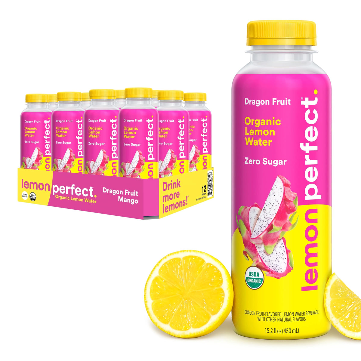 Lemon Perfect Dragon Fruit bottle showcases vibrant label for zero sugar hydration.