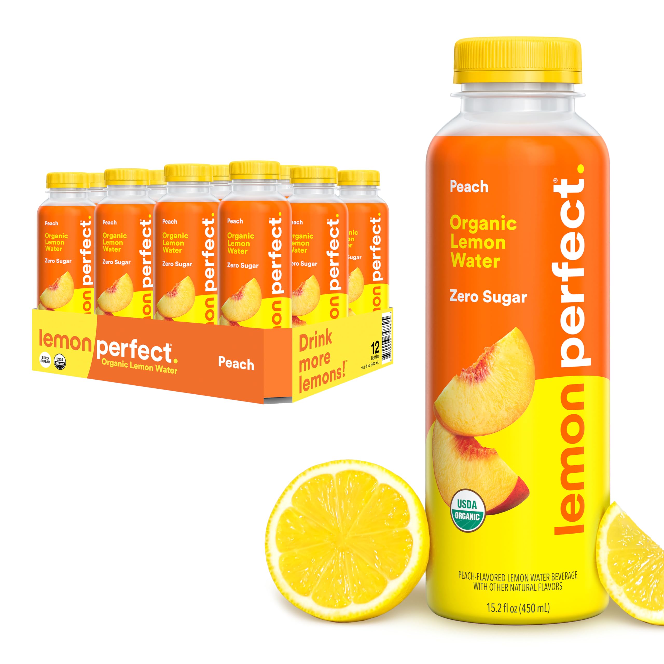 Lemon Perfect Peach bottle front view shows refreshing, zero-sugar hydration.