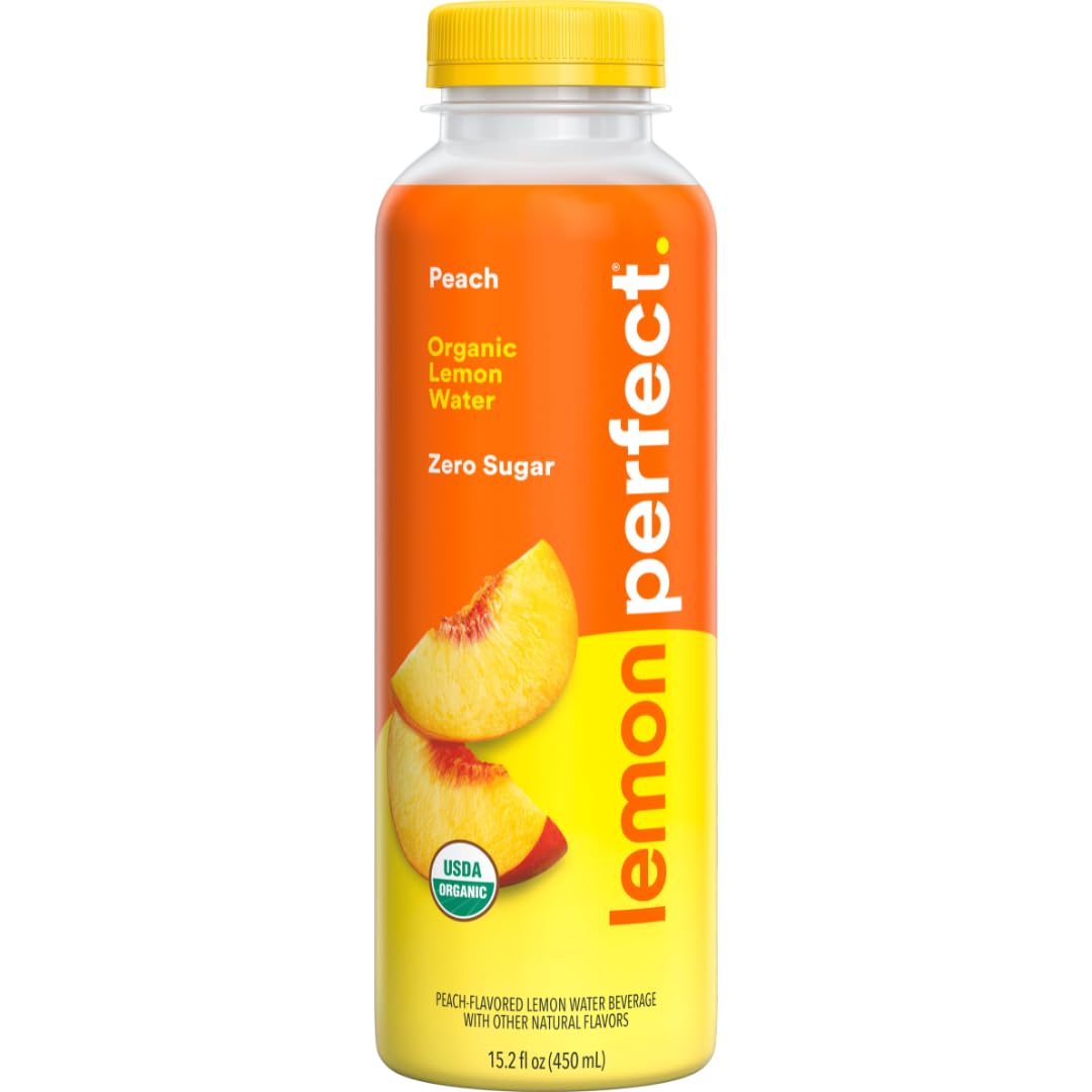 Lemon Perfect Peach bottle front showing zero sugar hydration for daily refreshment