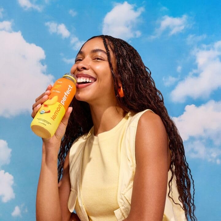 Lemon Perfect Peach ingredients label highlights organic lemon juice and natural flavors.