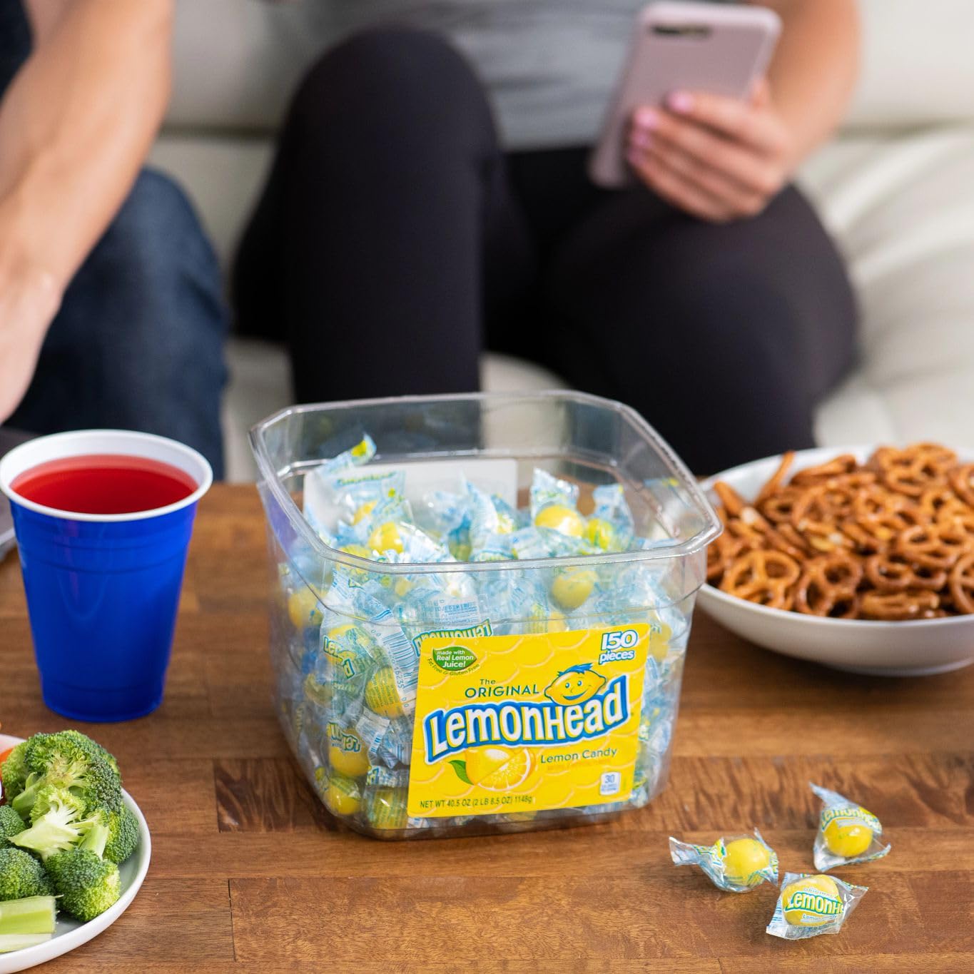 Lemonhead candy in trick-or-treat baskets for Halloween