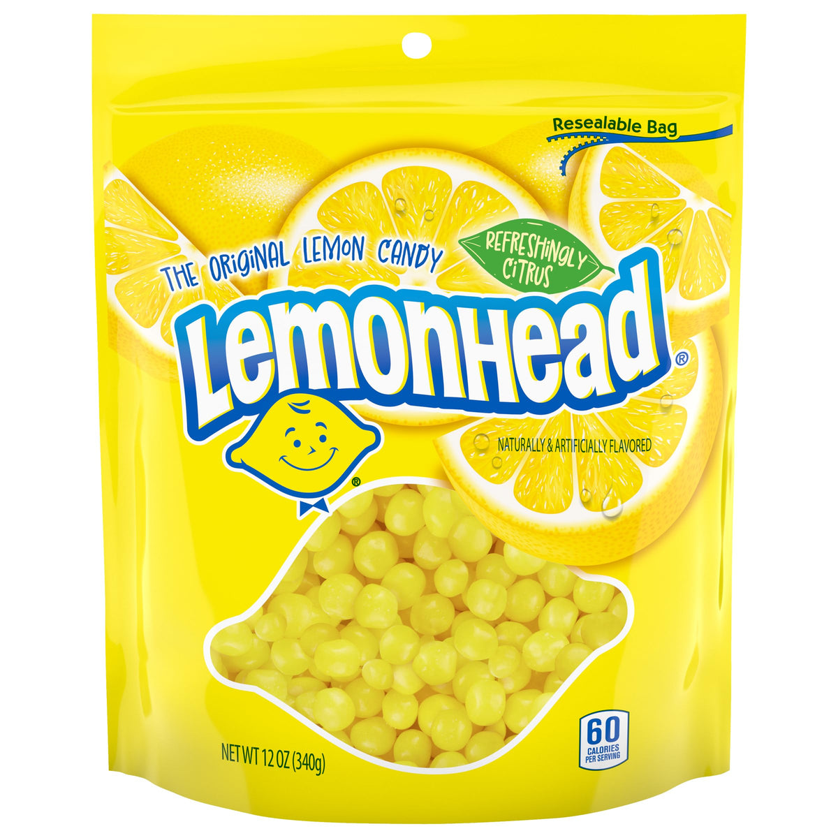 Lemonhead hard lemon candy round close-up with crisp crunch and bright citrus