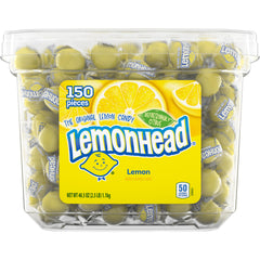 Lemonhead hard lemon candy tub front view showing bright, tangy candies for sharing