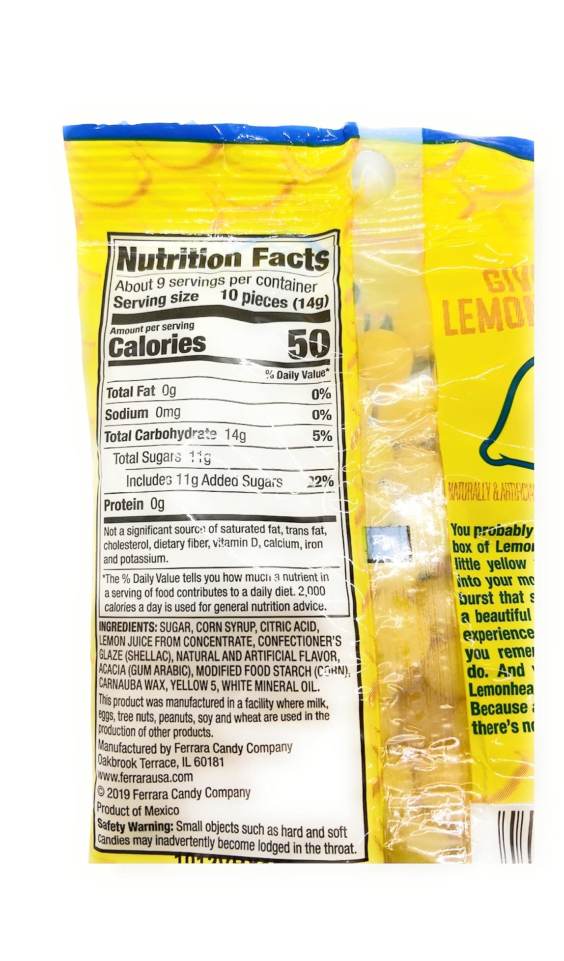 Lemonhead 4.5 oz peg bag open-serving view with colorful candies ready to share.