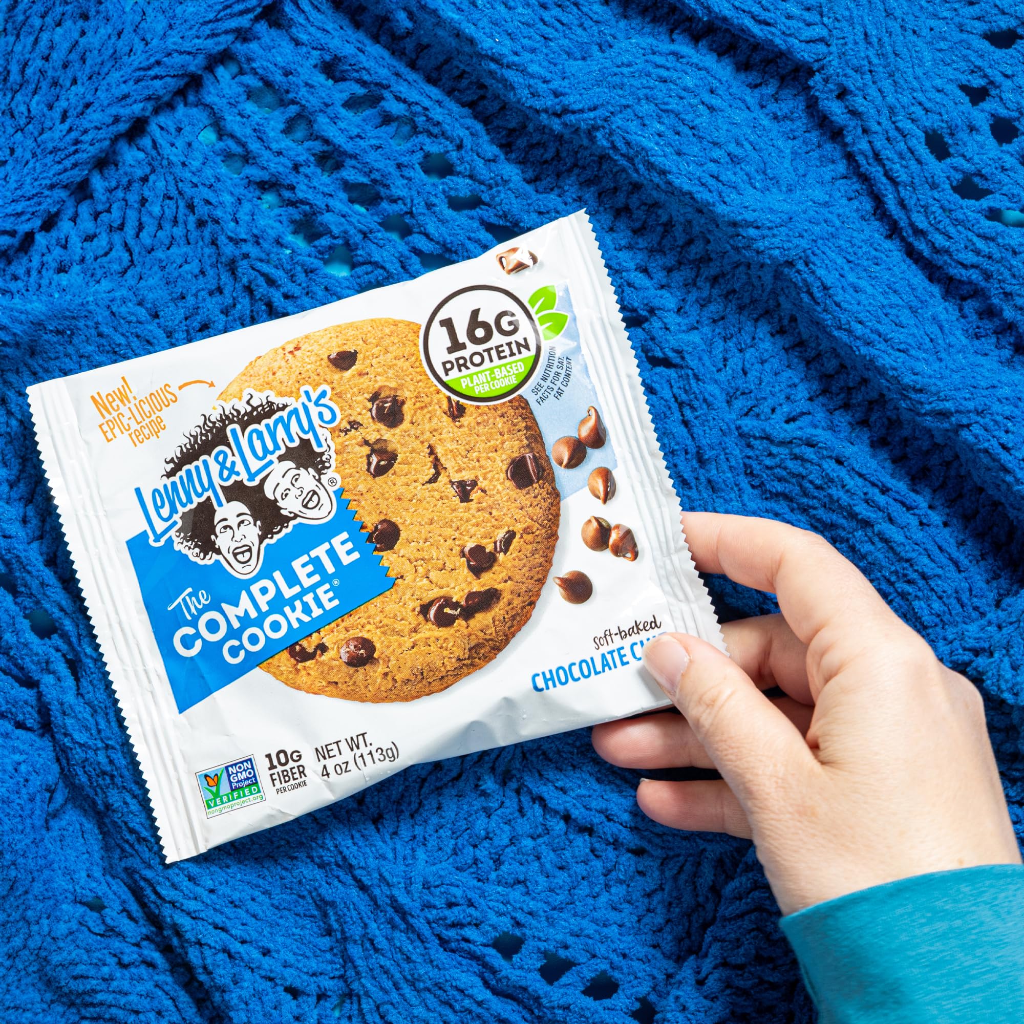 Lenny & Larry's Complete Cookie chocolate chip; plant-based protein for on-the-go.