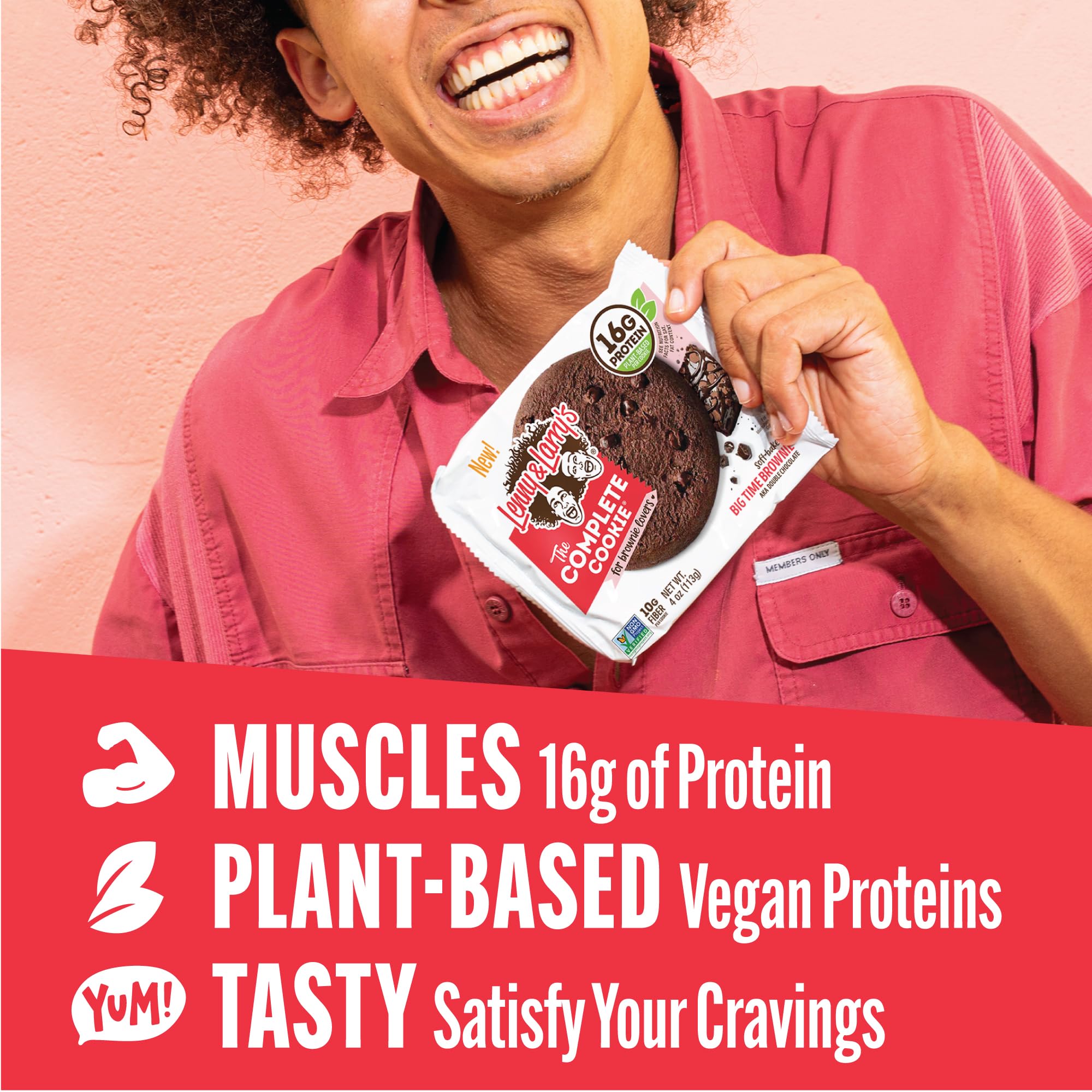 Front view highlights 16g plant protein and 10g fiber per cookie.