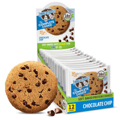 Lenny & Larry's Complete Cookie chocolate chip close-up; 16g plant protein snack.