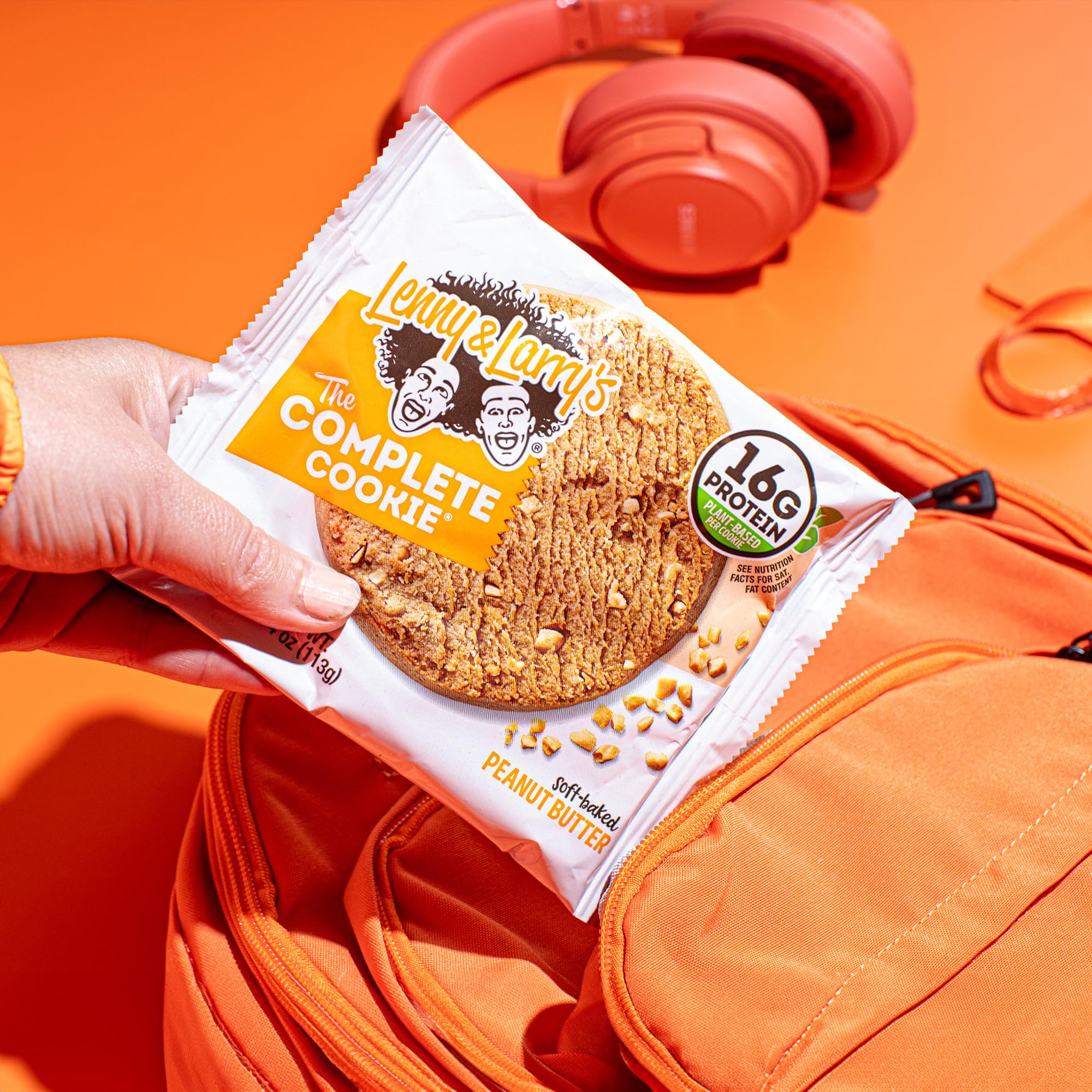 Lenny & Larry's peanut butter cookie celebrating high-fiber nutrition per serving.