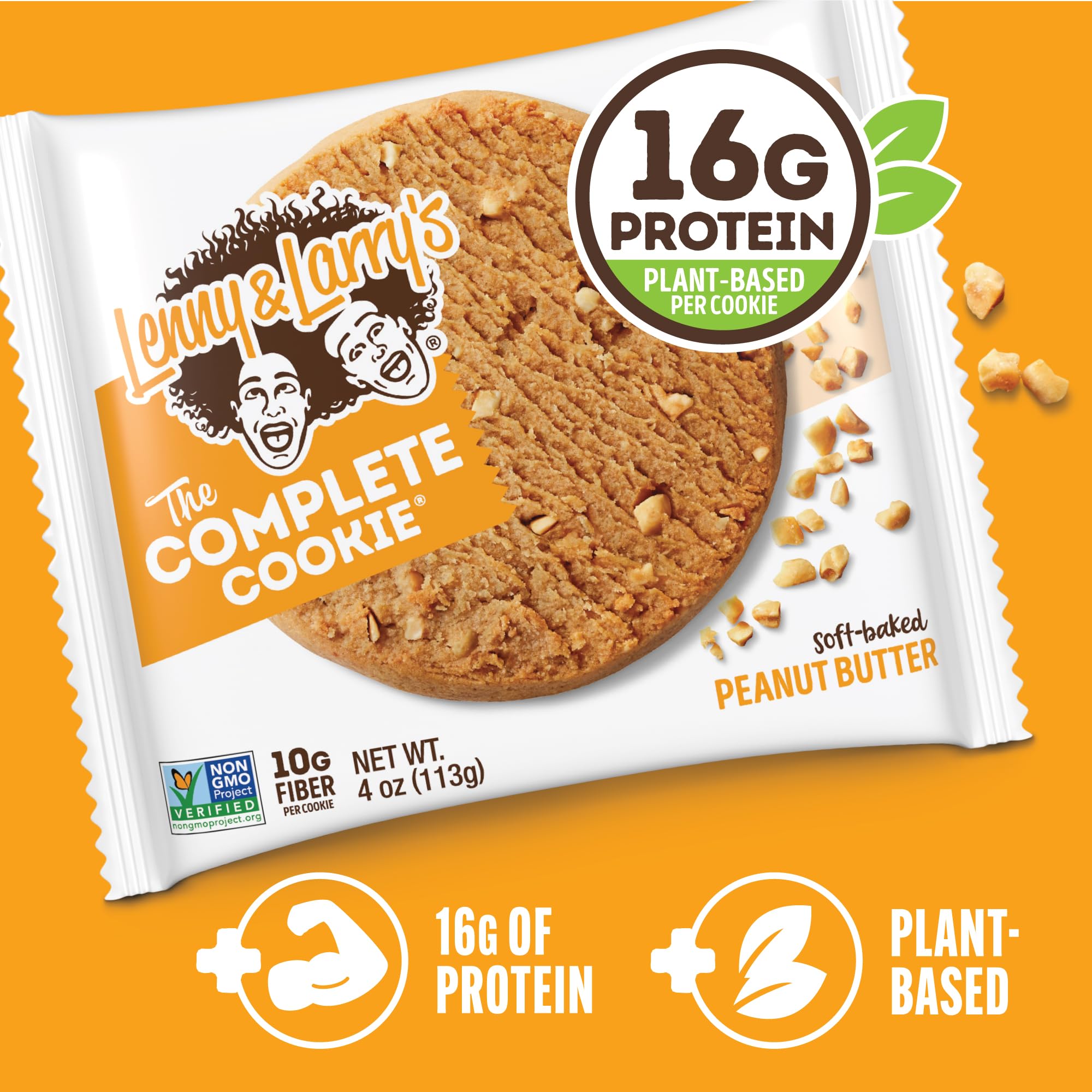 Lenny & Larry's cookie with vegan certification badge and fiber emphasis.