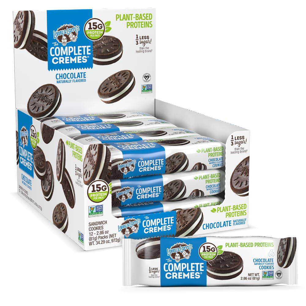 Lenny & Larry's The Complete Cremes chocolate sandwich cookies packaging for vegan snacking