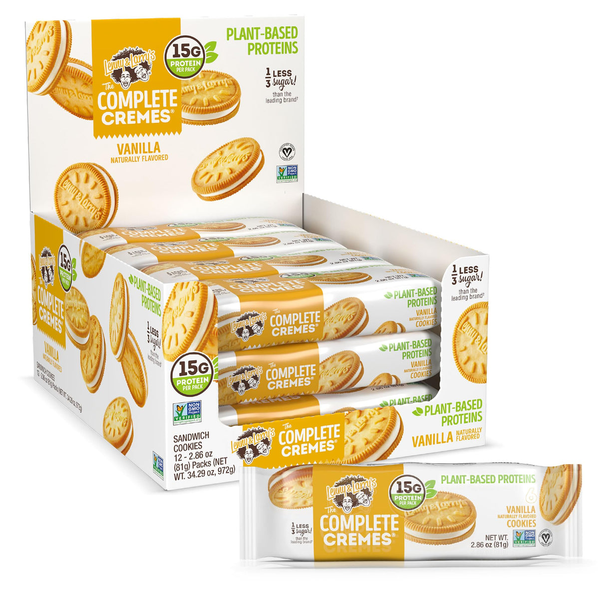 Lenny & Larry's Complete Cremes Vanilla sandwich cookies, protein-rich vegan snack.