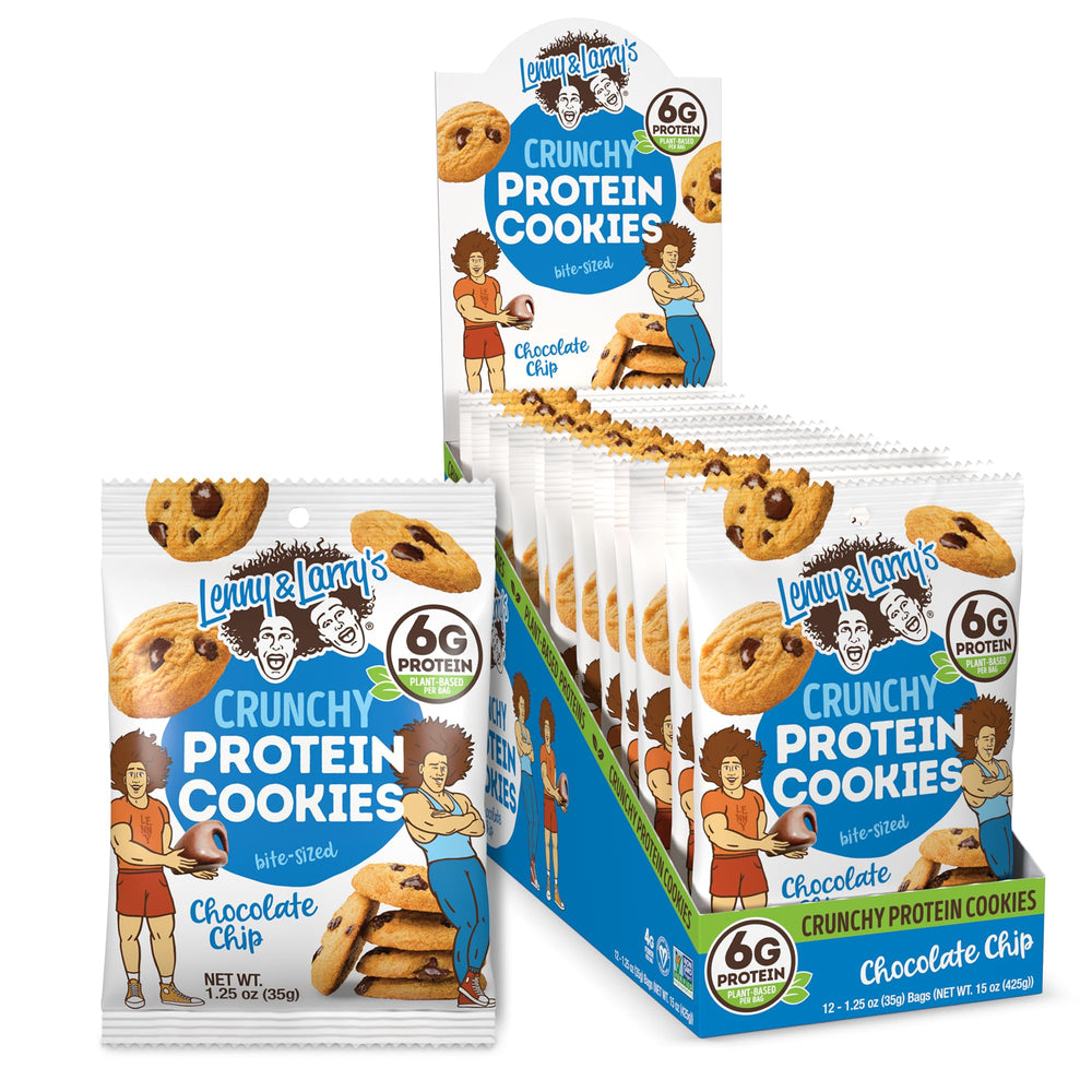 Lenny & Larry's Complete Crunchy Cookie Chocolate Chip bag showing a protein-packed crunch