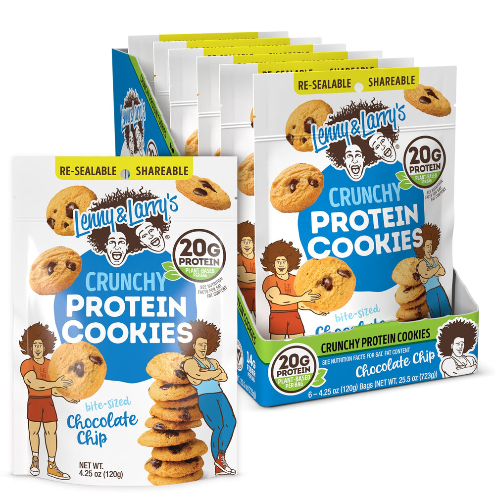 Lenny & Larry's Complete Crunchy Chocolate Chip front pack showing a protein-packed vegan snack.