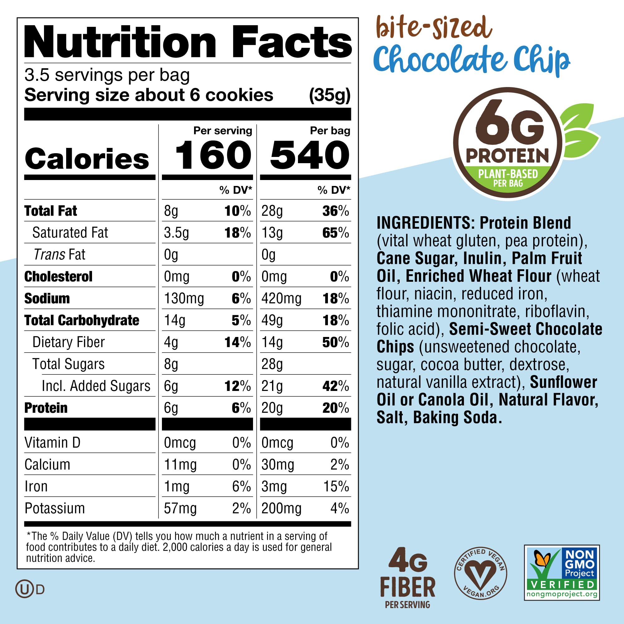 Lenny & Larry's ingredients list notes vegan, non-GMO quality for dairy-free snacking.