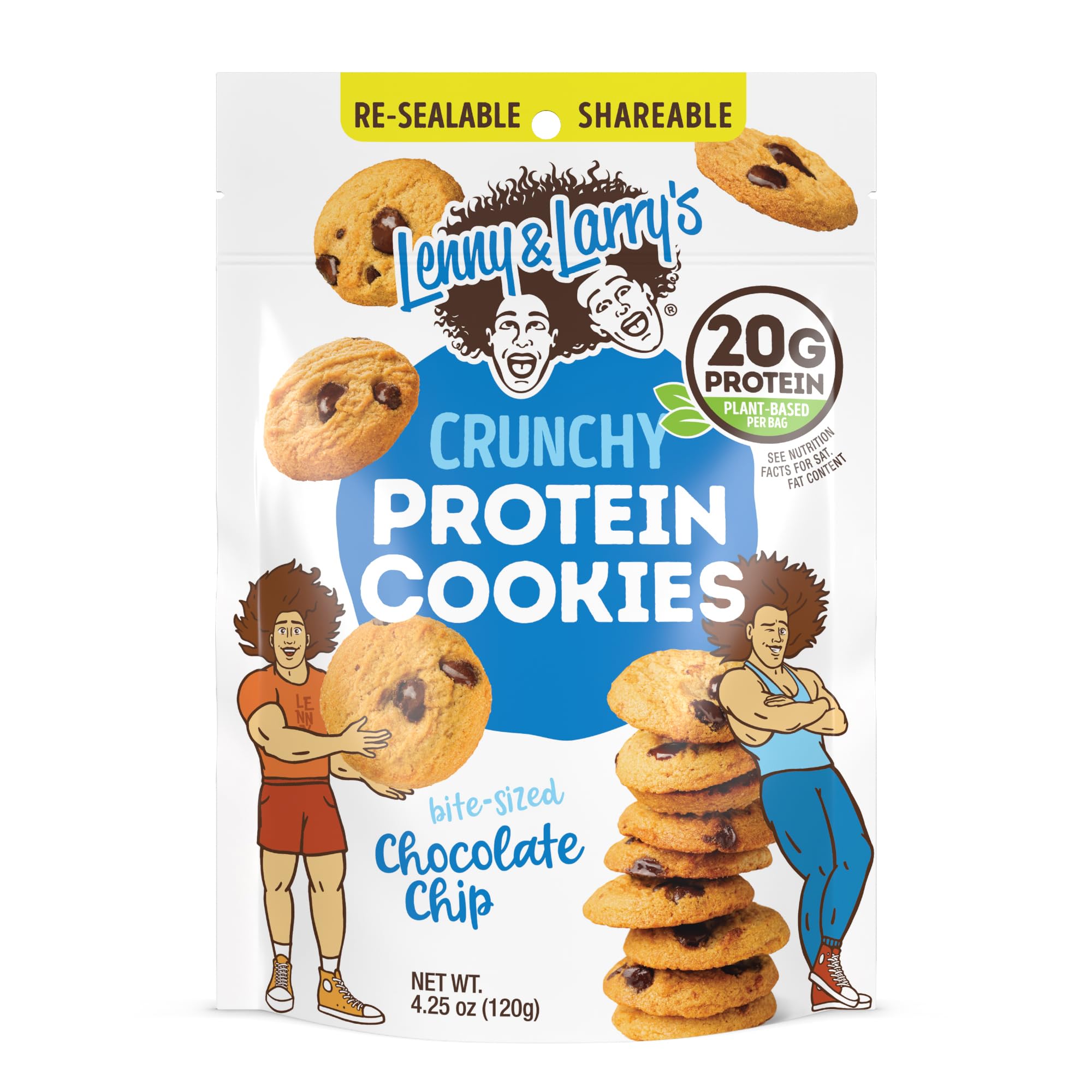 Lenny & Larry's packaging close-up shows six individually wrapped bags for on-the-go eating.