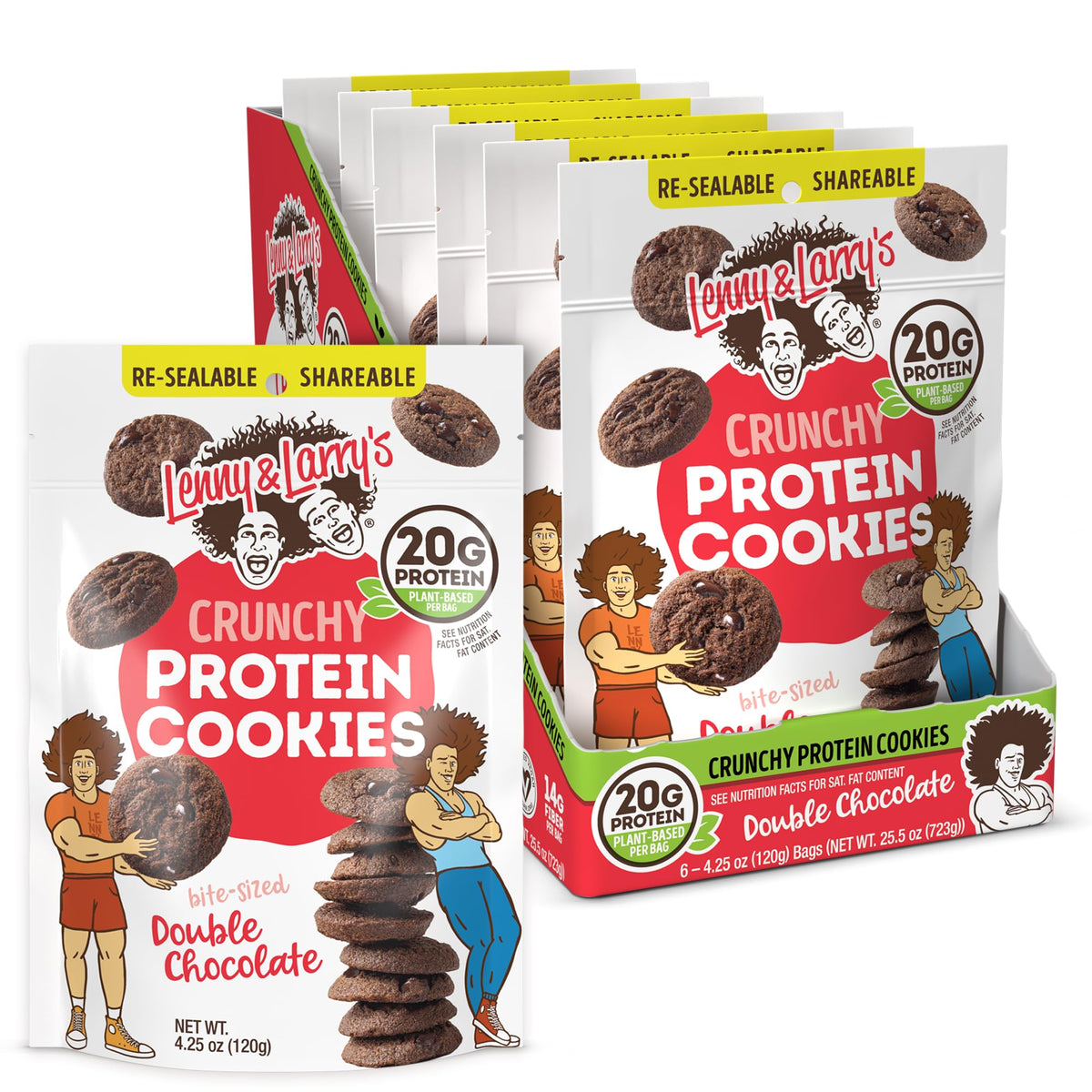 Lenny & Larry's Complete Crunchy Cookie Double Chocolate bag close-up, protein snack ready