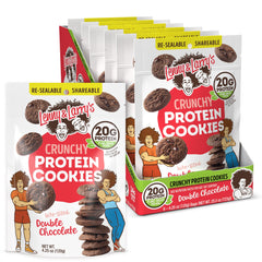 Lenny & Larry's Complete Crunchy Cookie Double Chocolate bag close-up, protein snack ready