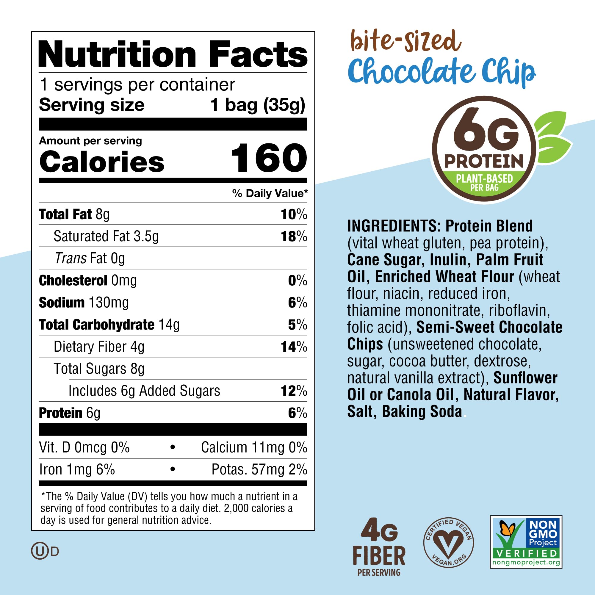 Plant protein icon emphasizes 6g protein per bag