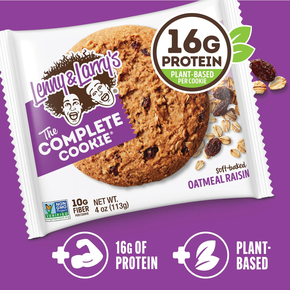Chewy soft-baked exterior of Lenny & Larry's Complete Protein Cookie mix with oatmeal raisins.