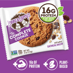 Chewy soft-baked exterior of Lenny & Larry's Complete Protein Cookie mix with oatmeal raisins.