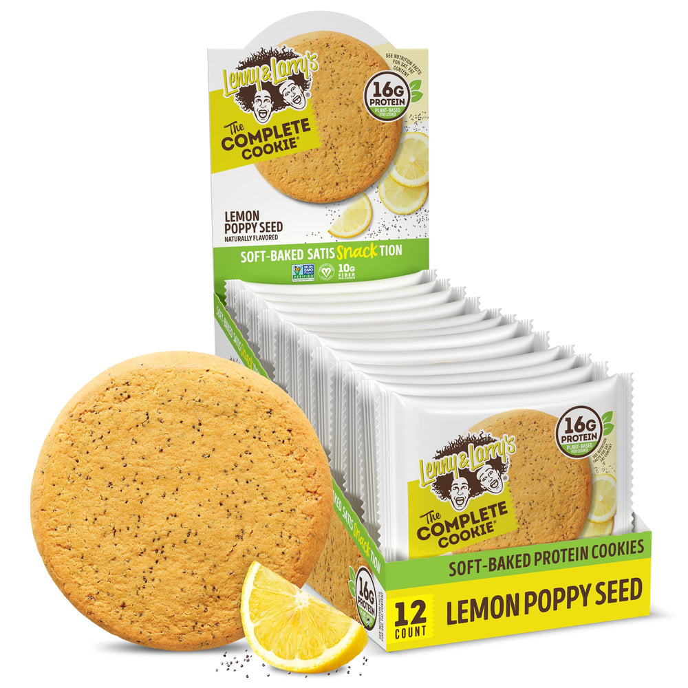 Lenny & Larry's Complete Protein Cookie lemon poppy seed pack showing convenient 12-pack option