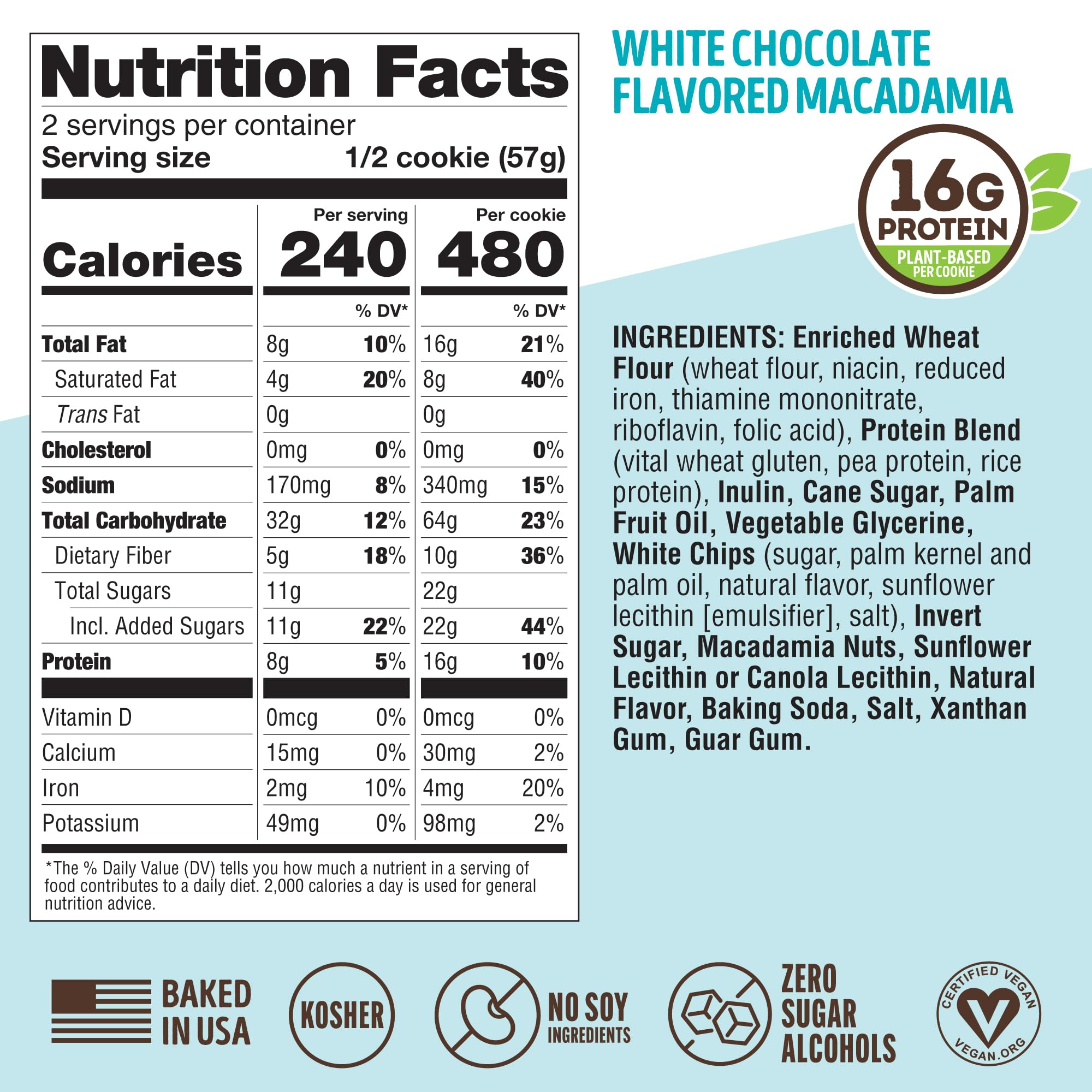 Macro shot highlights 16g plant-based protein and 10g fiber per cookie.