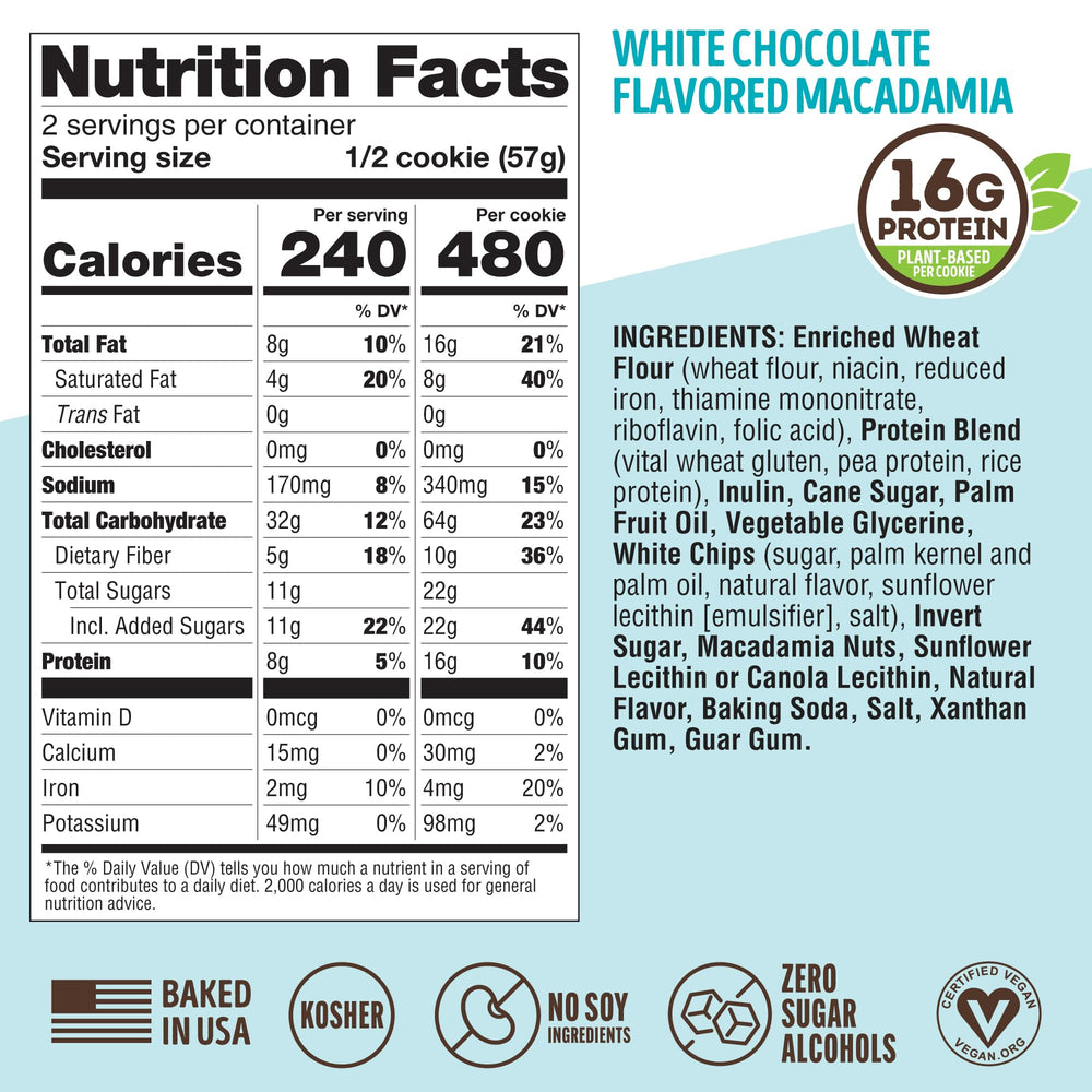 Macro shot highlights 16g plant-based protein and 10g fiber per cookie.