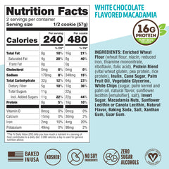 Macro shot highlights 16g plant-based protein and 10g fiber per cookie.