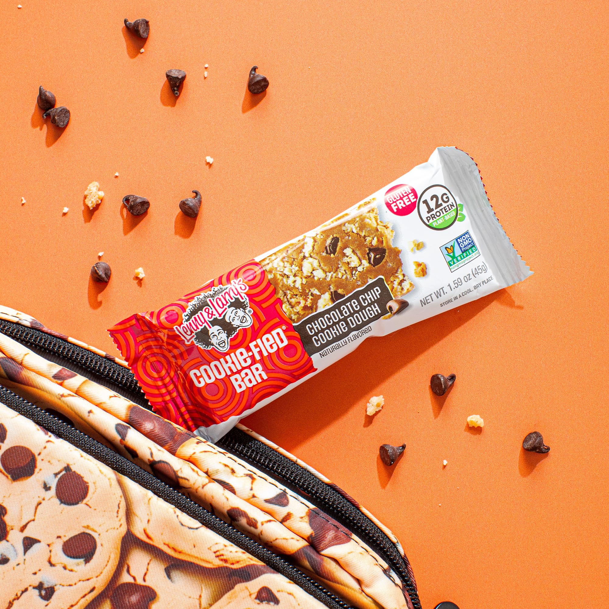 Gluten-free and vegan certified, Non-GMO branding on packaging.