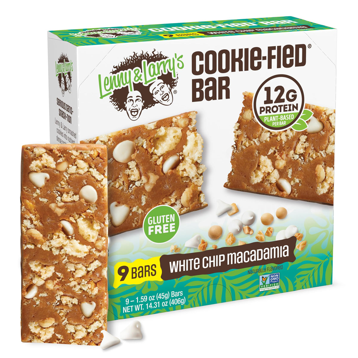 Lenny & Larry's Cookie-fied Bar with white chips and macadamia for a vegan protein snack