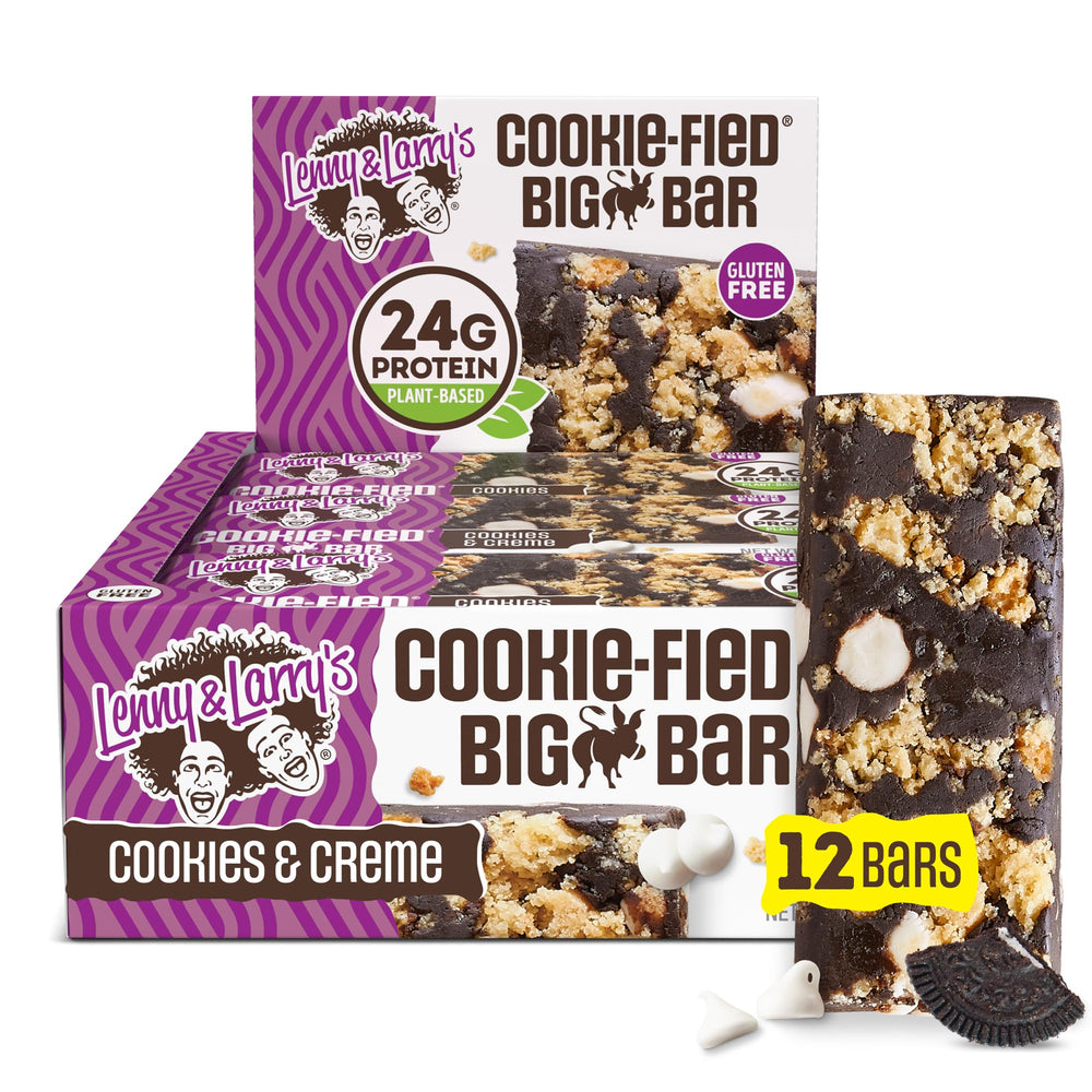 Lenny & Larry's Cookie-fied BIG BAR Cookies & Creme packaging, a convenient vegan snack option.