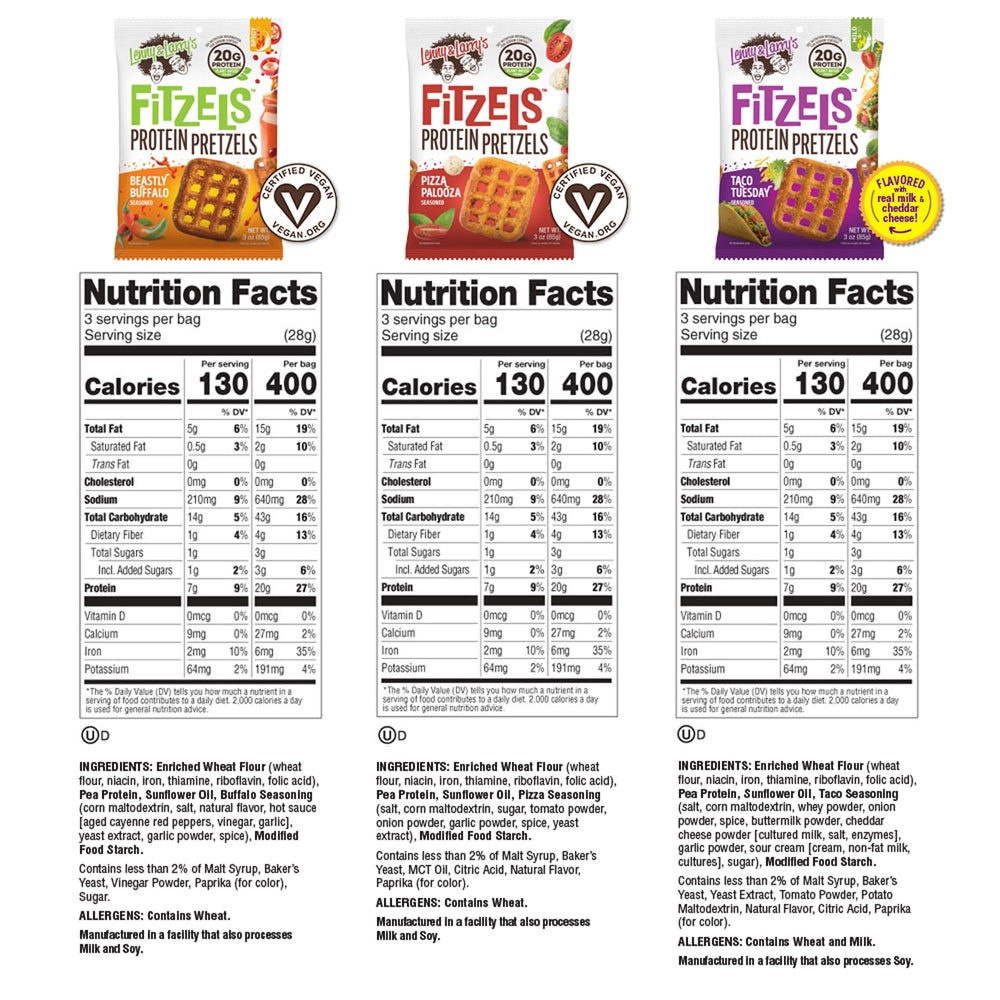 Lenny & Larry's Fitzels Buffalo flavor protein pretzels offer bold, workout-friendly crunch.