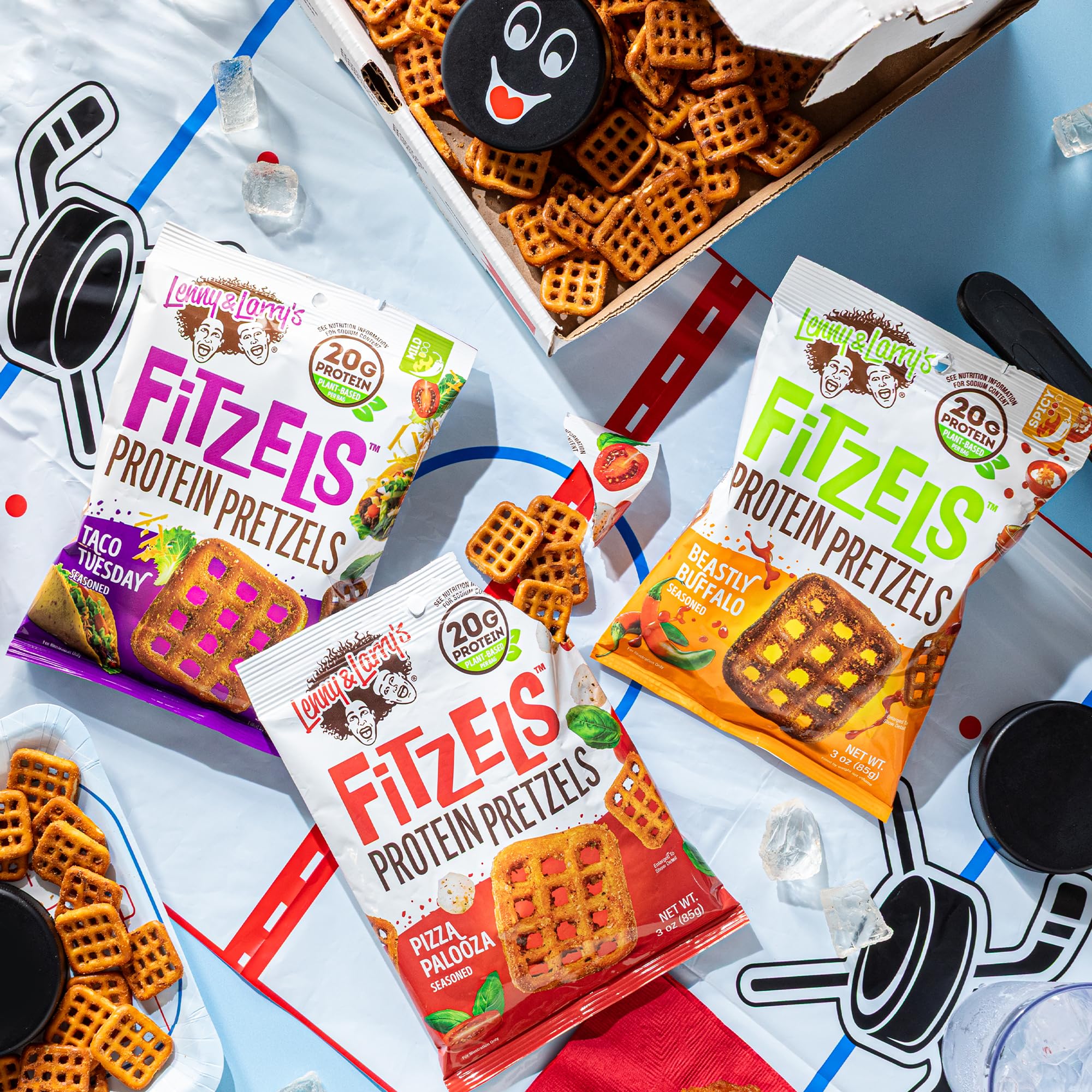 Lenny & Larry's Fitzels Variety Pack back view highlighting ingredients and nutrition.