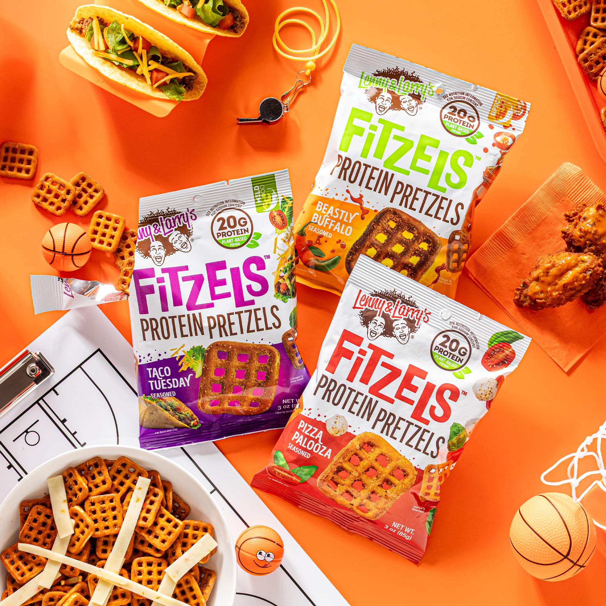 Lenny & Larry's Fitzels Game Day Variety Pack front view showing three flavors.