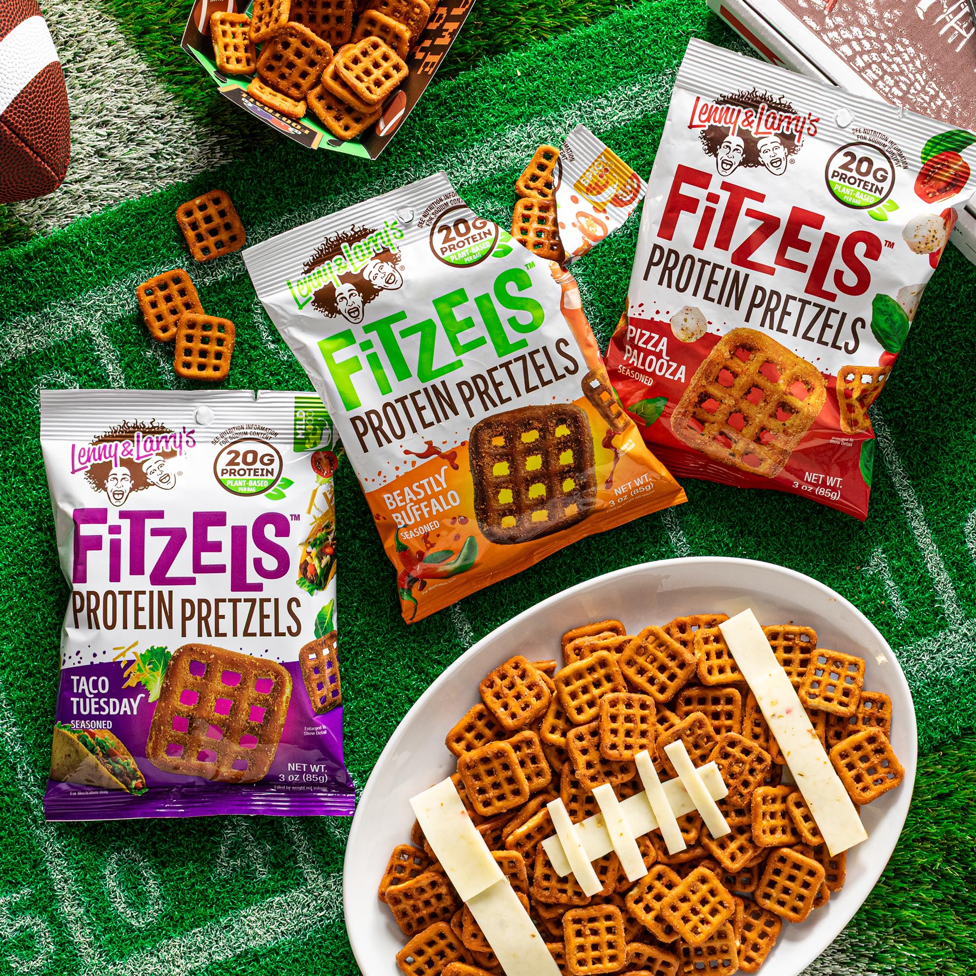 Lenny & Larry's Fitzels Pizza flavor protein pretzels for savory mid-day breaks.