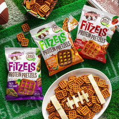 Lenny & Larry's Fitzels Pizza flavor protein pretzels for savory mid-day breaks.