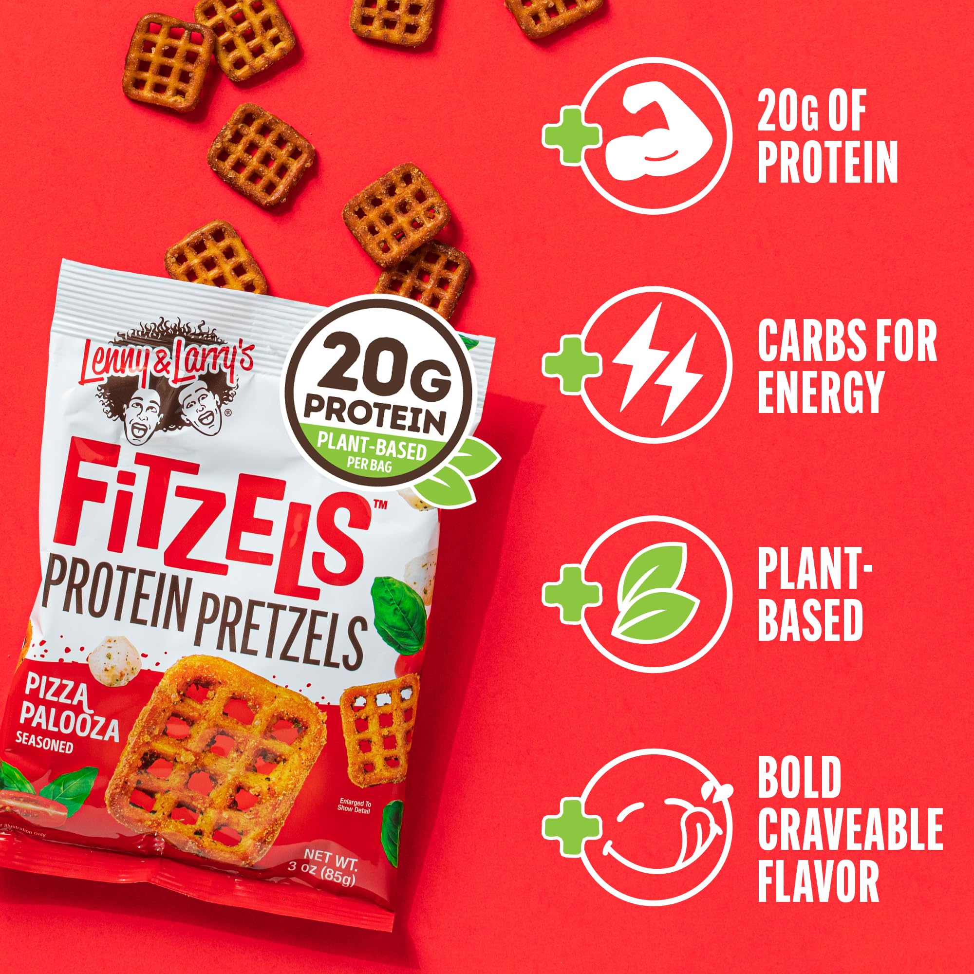 Lenny & Larry's FITZELS Pizza Palooza eight-pack box for on-the-go snacking.
