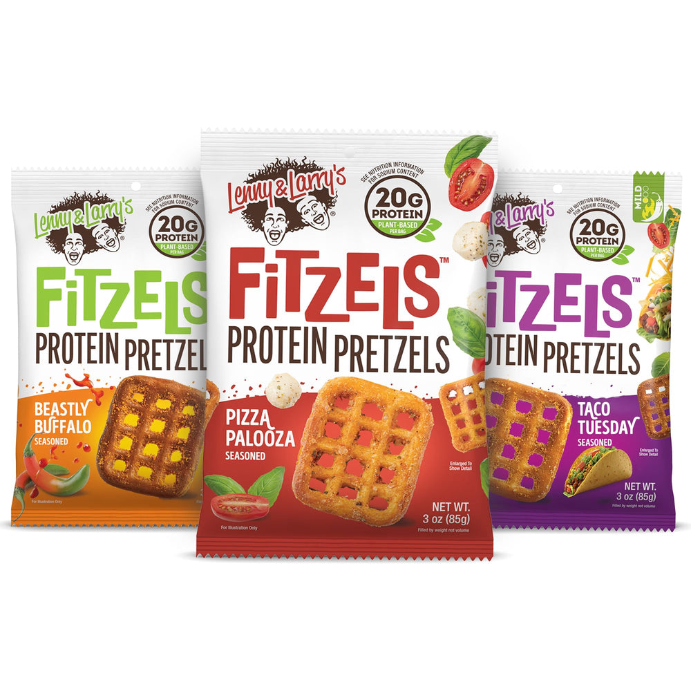 Lenny & Larry's Fitzels Taco flavor protein pretzels for on-the-go snacking.
