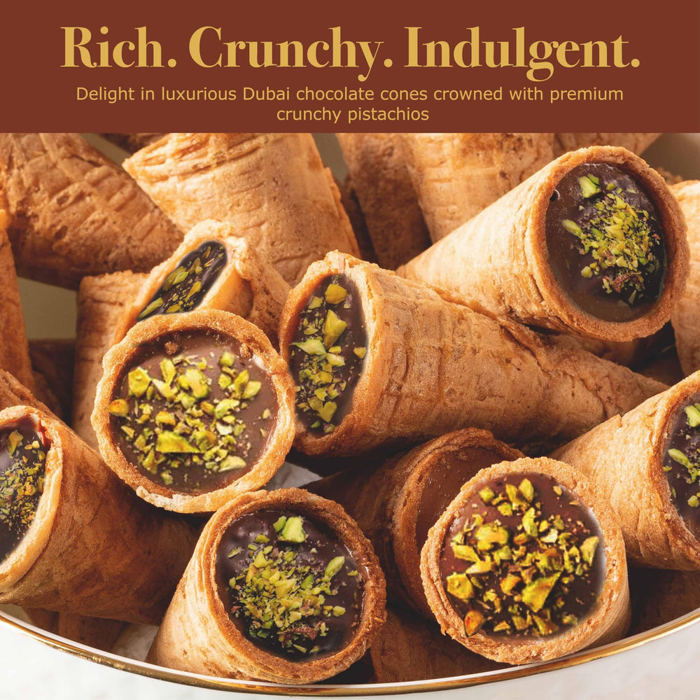 Leonessa Dubai chocolate cones cross-section with creamy filling and crunch
